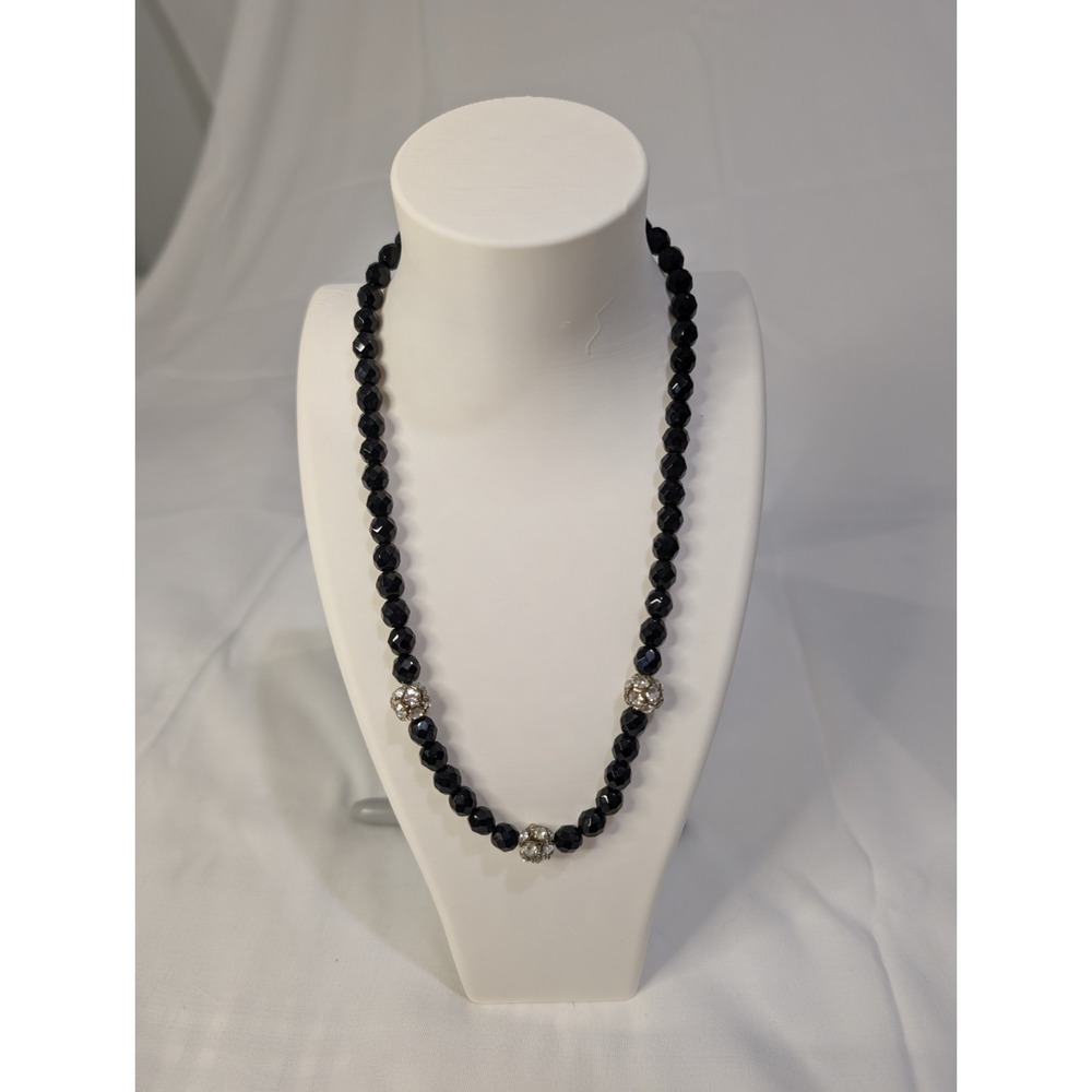 Vintage Black Faceted Bead Necklace‎ Clear Rhinestone Spacer Beads 18" Elegant